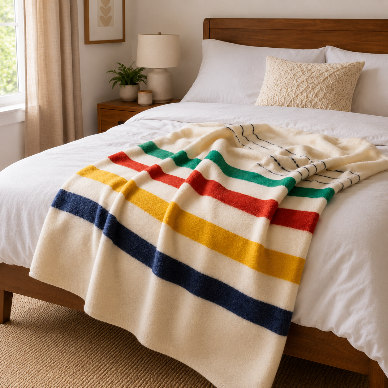 Hudson's Bay Company queen size wool blanket spread across a white bed, showing the colorful multi-stripe pattern and natural wool background.