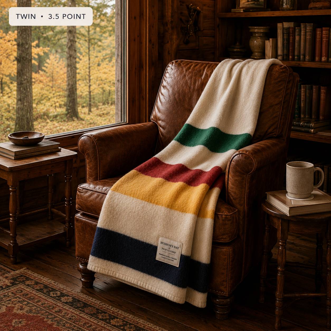 Folded Hudson's Bay Company 3.5 Point wool blanket in natural white with green, red, yellow, and navy stripes on a wooden table.