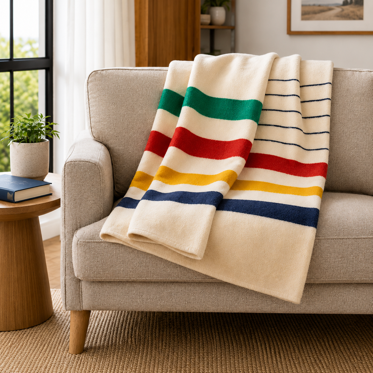 Hudson's Bay Company natural multi-stripe wool blanket folded on a wooden table, showing the colorful striped ends and dark point lines.
