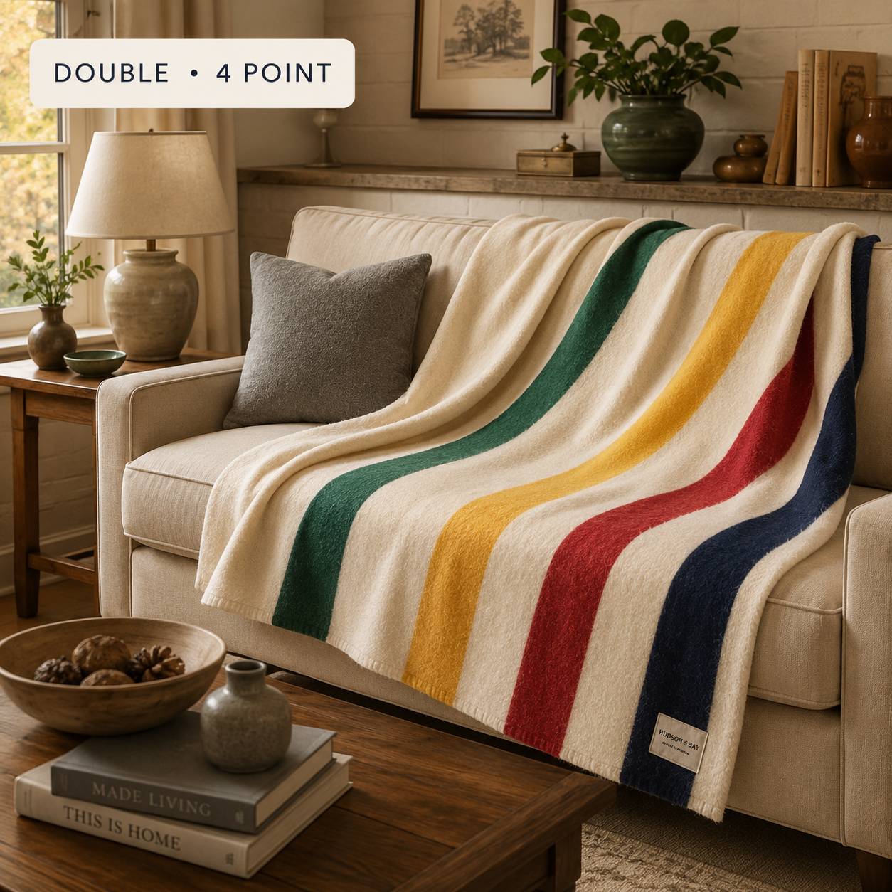 Folded Hudson's Bay Company 4 Point wool blanket with natural background and green, red, yellow, and navy stripes on a wooden table.
