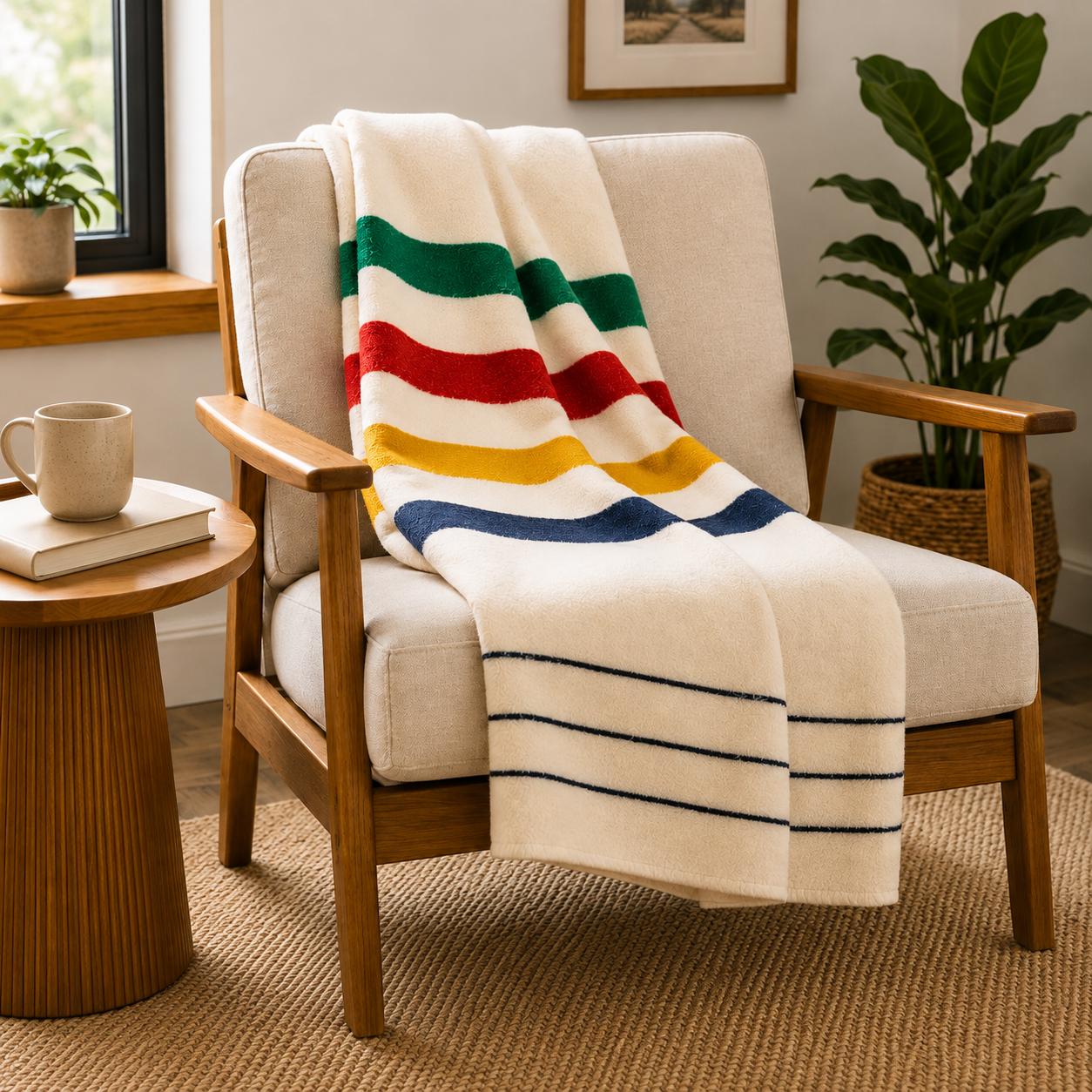 Hudson's Bay 8 Point Blanket displayed on a wooden armchair with its striped design and natural wool body