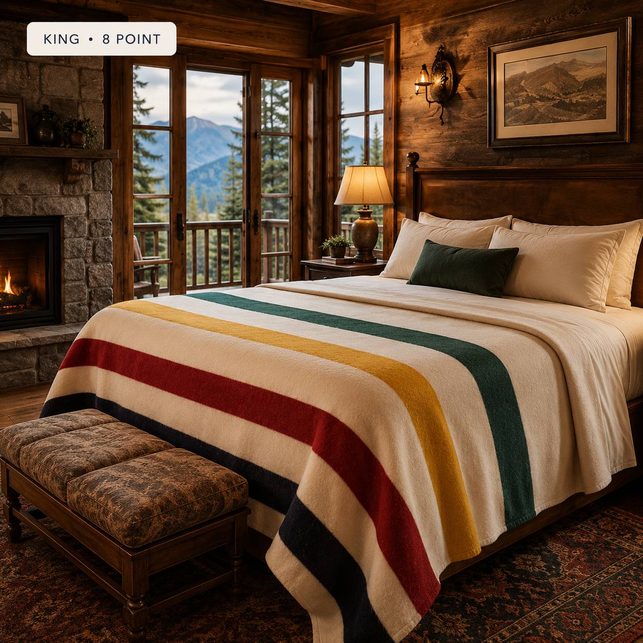 Hudson's Bay 8 Point Blanket folded on a wooden table showing natural fabric and multi-color stripes