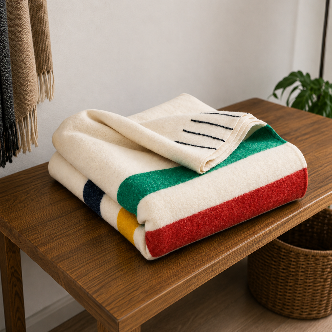 Hudson's Bay 8 Point Blanket folded on a wooden table showing natural fabric and multi-color stripes