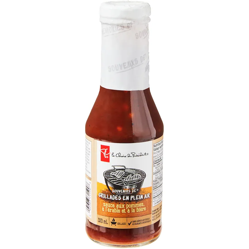 Close-up front view of Memories Grilling Sauce with Apple, Maple and Ale flavor label