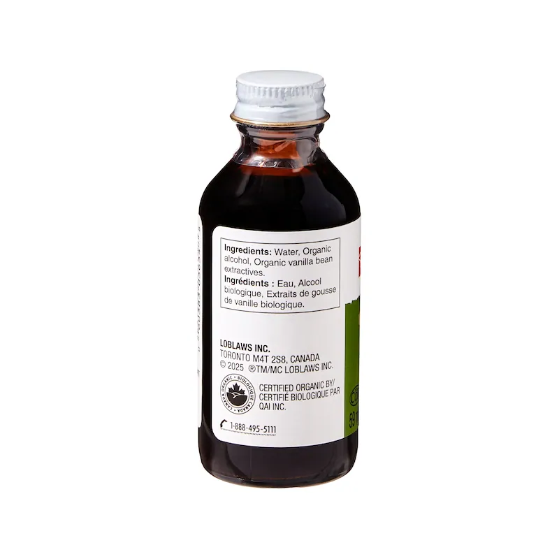 Angled side view of Organics Pure Vanilla Extract 59 mL glass bottle with ingredient label visible
