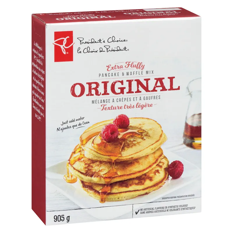 Angled left-side view of President's Choice Original Extra-Fluffy Pancake and Waffle Mix box
