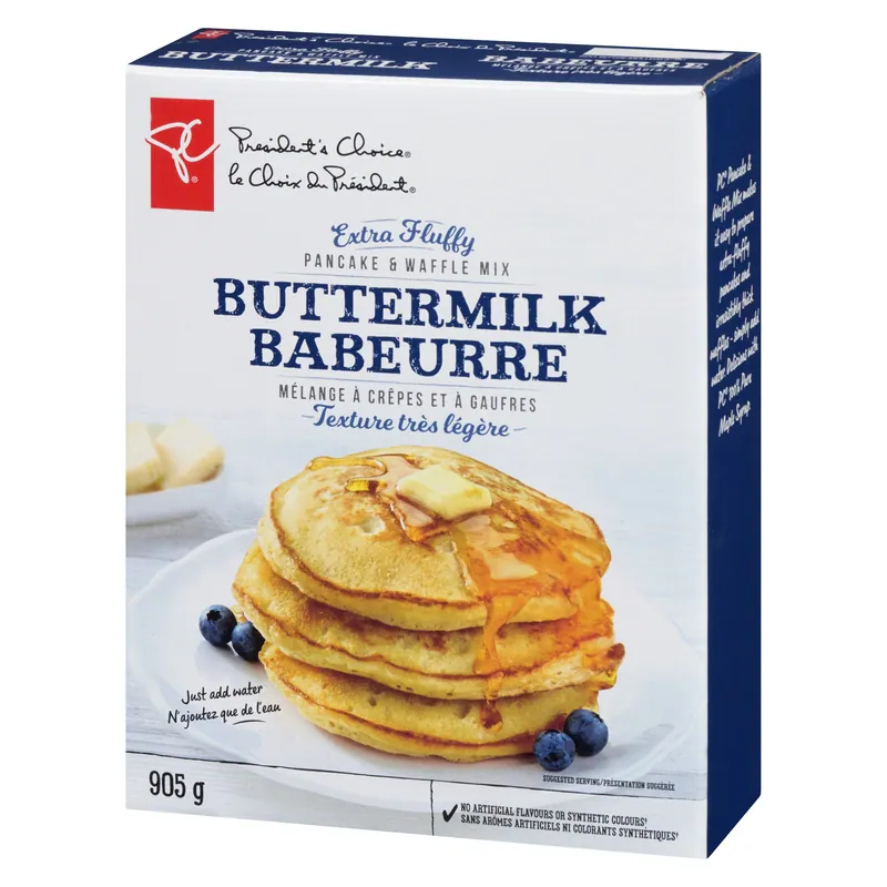 President's Choice Extra-Fluffy Buttermilk Pancake & Waffle Mix 905 g box shown at an angled front view with the right side visible.