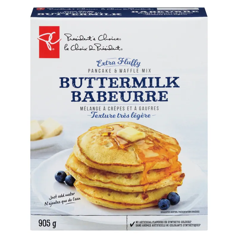 President's Choice Extra-Fluffy Buttermilk Pancake & Waffle Mix 905 g box shown from the front with a stack of pancakes and blueberries.