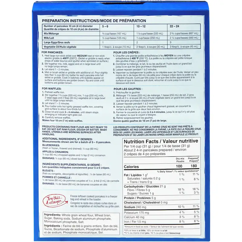 Back of PC Blue Menu Whole Grain Pancake and Waffle Mix box showing preparation instructions, ingredients, and nutrition facts