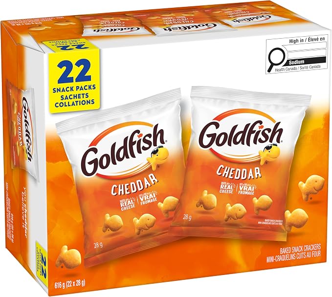 Angled front view of Goldfish Cheddar Crackers box containing 22 individual snack packs