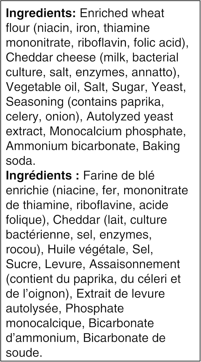 Ingredients label for Goldfish Cheddar Crackers listing enriched wheat flour, cheddar cheese, vegetable oil, and seasonings