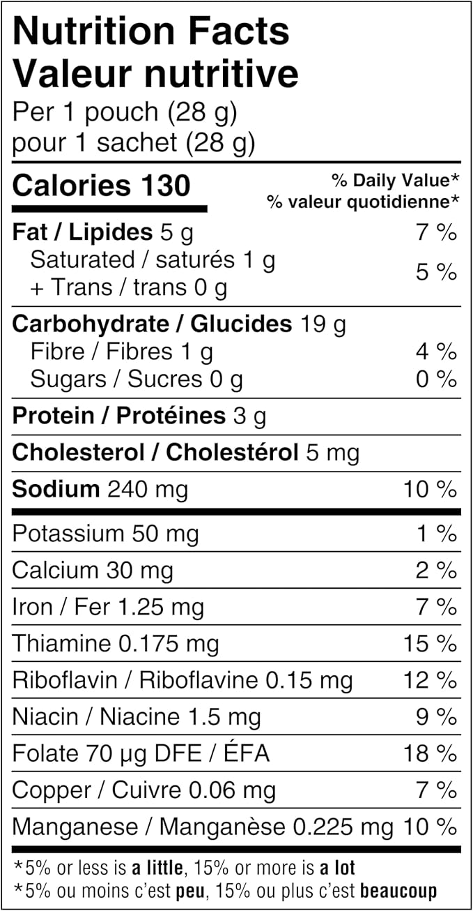 Nutrition Facts label for Goldfish Cheddar Crackers showing serving size of one 28 g pouch and 130 calories