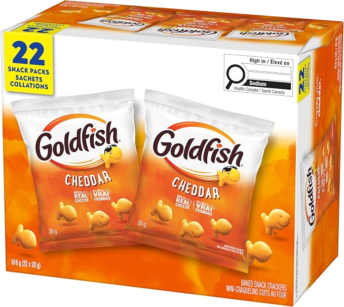 Three-quarter view of Goldfish Cheddar Baked Snack Crackers box with individual cheddar cracker pouches visible