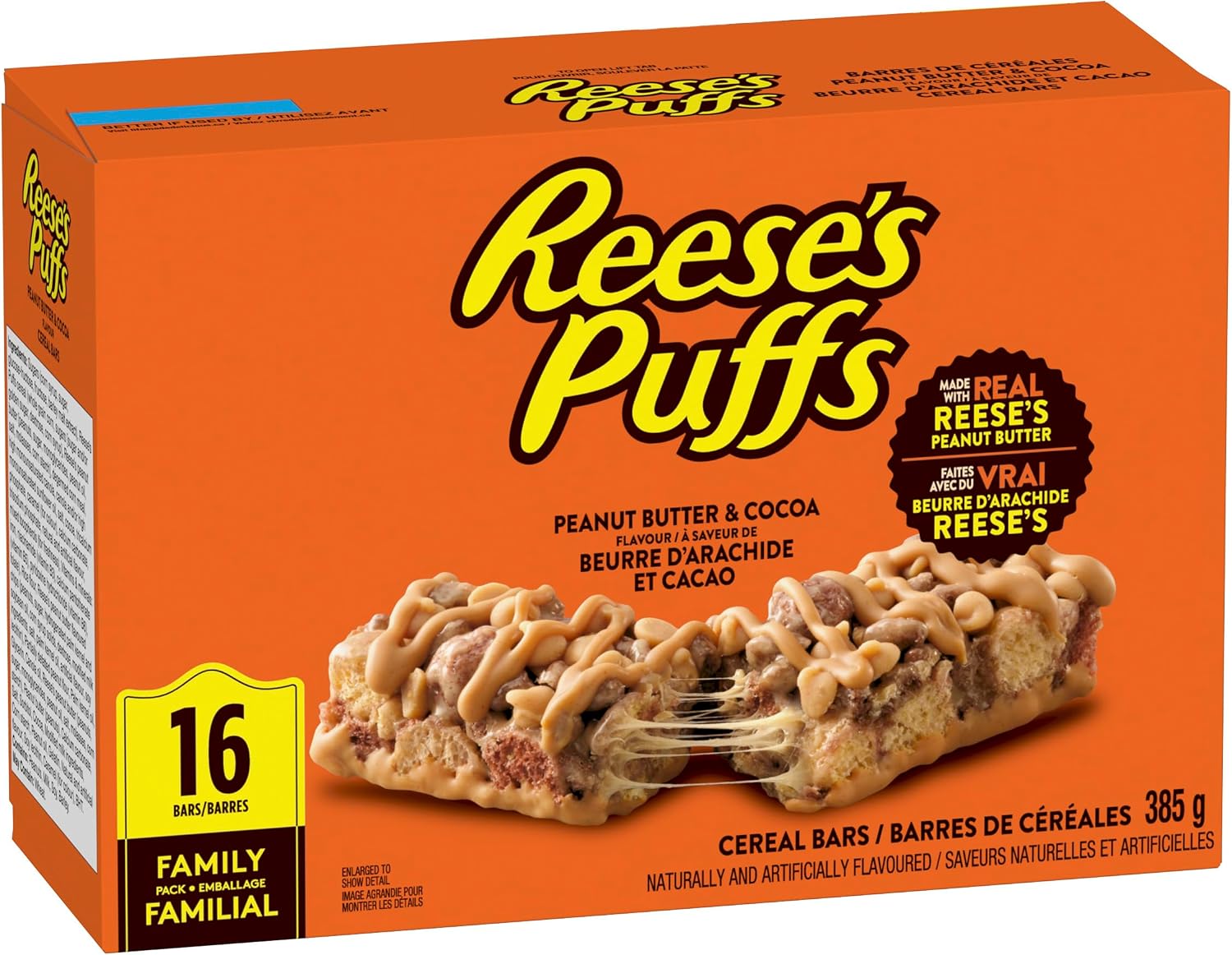 Angled view of Reese's Puffs peanut butter and cocoa cereal bars family-size package