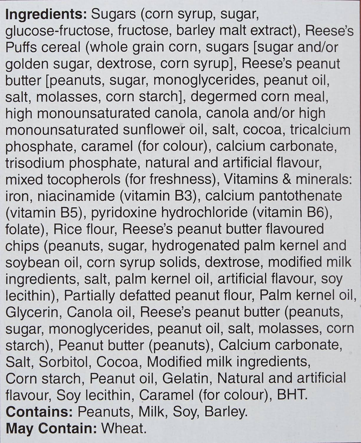 Close-up ingredients list and allergen statement for Reese's Puffs peanut butter cocoa cereal bars