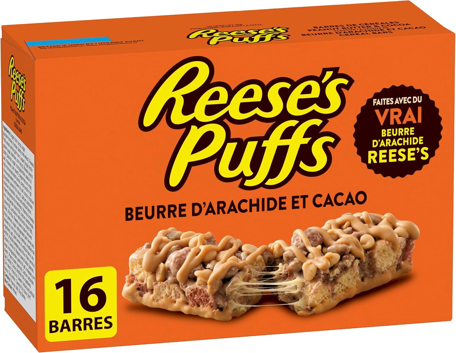 French front view of Reese's Puffs peanut butter and cocoa cereal bars 16-count box