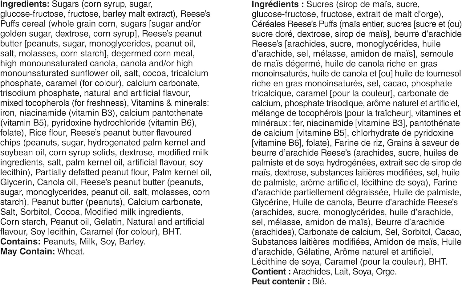 Reese's Puffs cereal bars ingredient and allergen information on product packaging