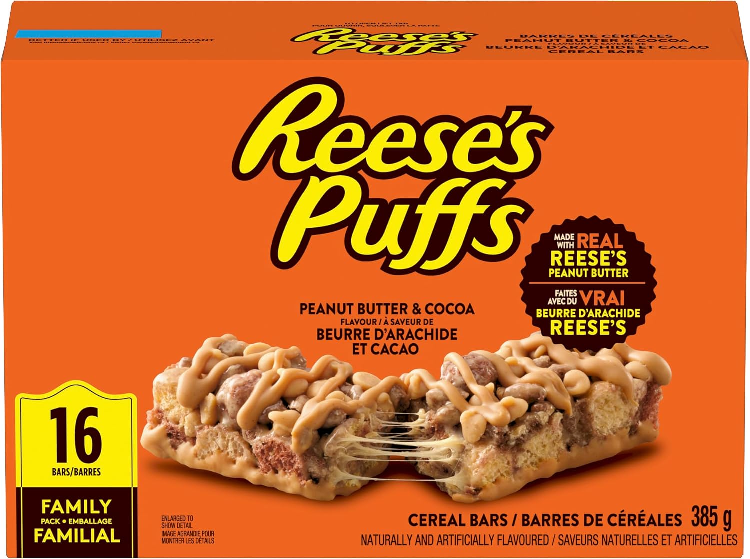 Reese's Puffs Family Pack cereal bars box showing 16 bars and 385 g package size