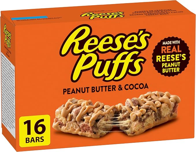 Reese's Puffs peanut butter and cocoa flavored cereal bars box with 16 bars