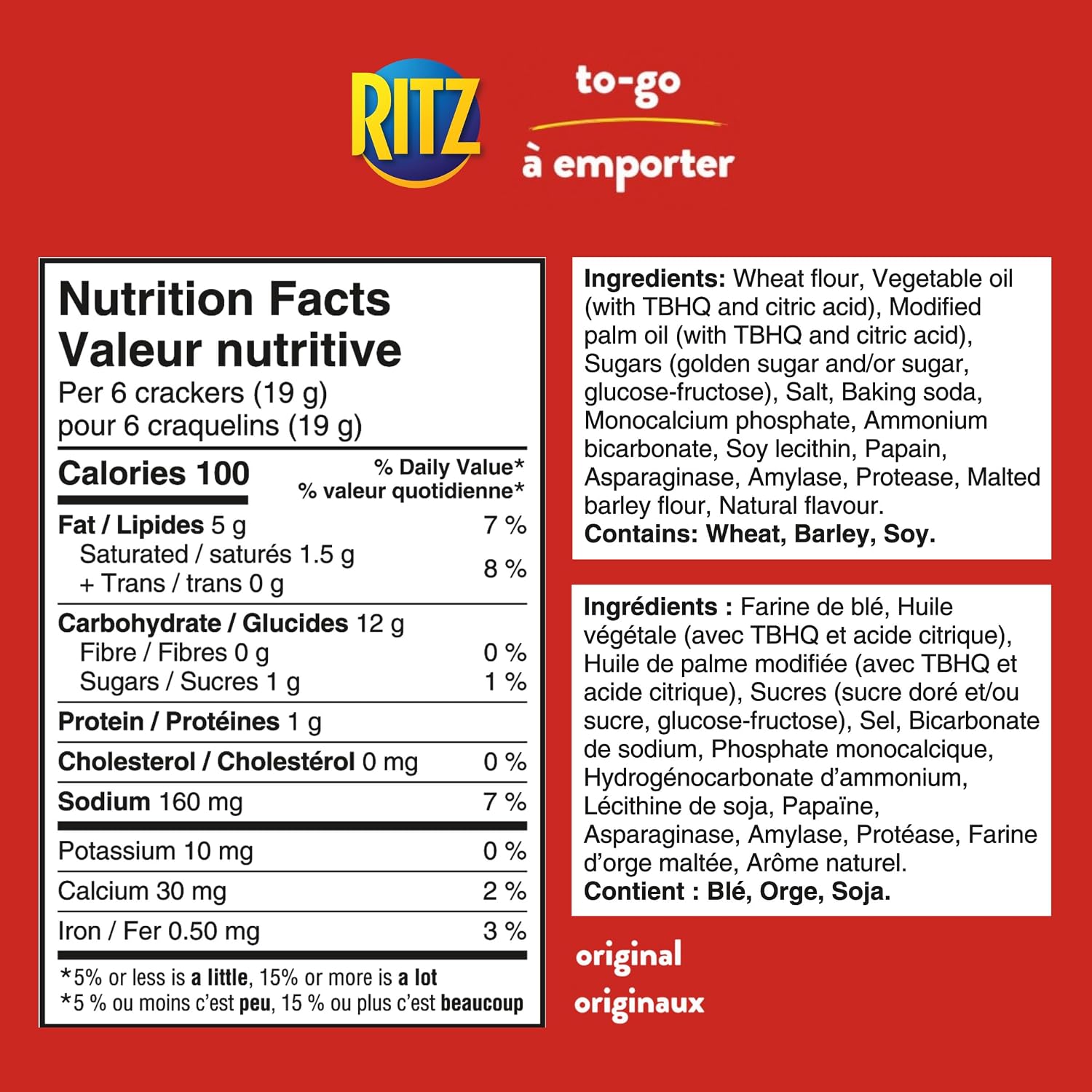 Back of Ritz To-Go Original Crackers package showing nutrition facts, ingredients, and allergen information