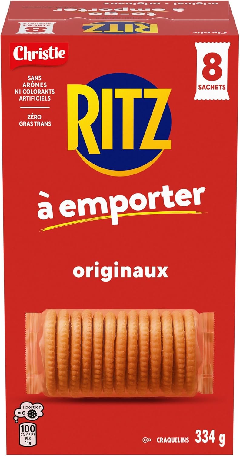 Individually wrapped stack of Ritz Original Crackers shown against a red background