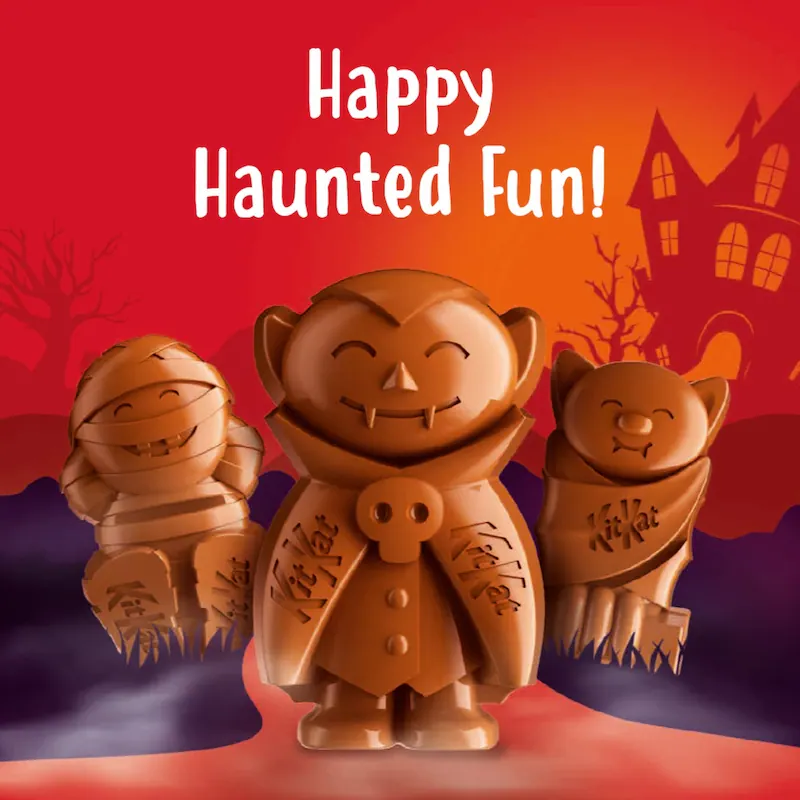 KITKAT Halloween Scary Friends chocolate characters displayed with Happy Haunted Fun Halloween artwork
