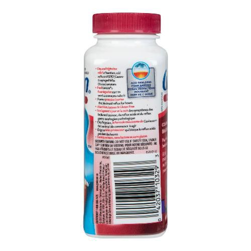 Gaviscon Extra Strength Fruit Blend bottle displaying the rear panel with barcode and product details