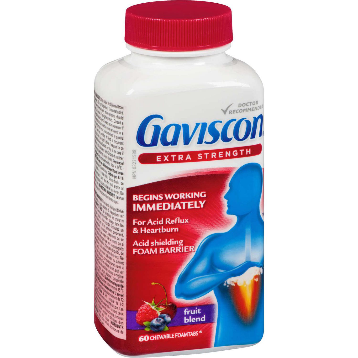 Gaviscon Extra Strength Fruit Blend bottle shown at an angled view with red cap and product label