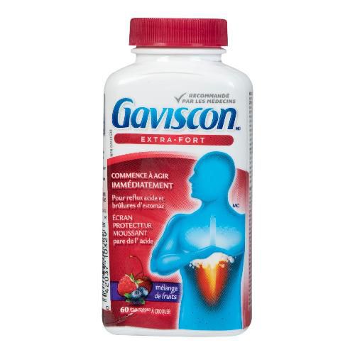 Gaviscon Extra Strength Fruit Blend chewable Foamtabs bottle with French-language front packaging