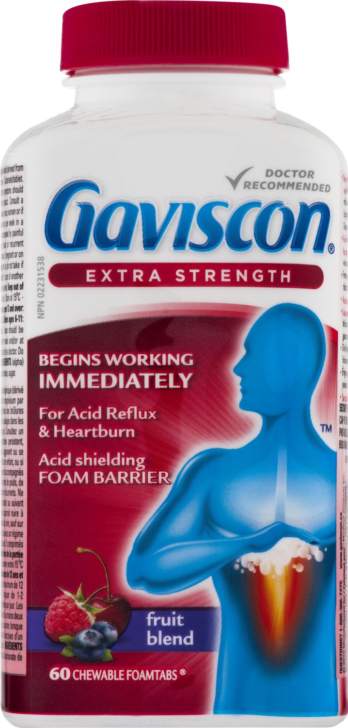 Gaviscon Extra Strength Fruit Blend 60 chewable Foamtabs bottle front view