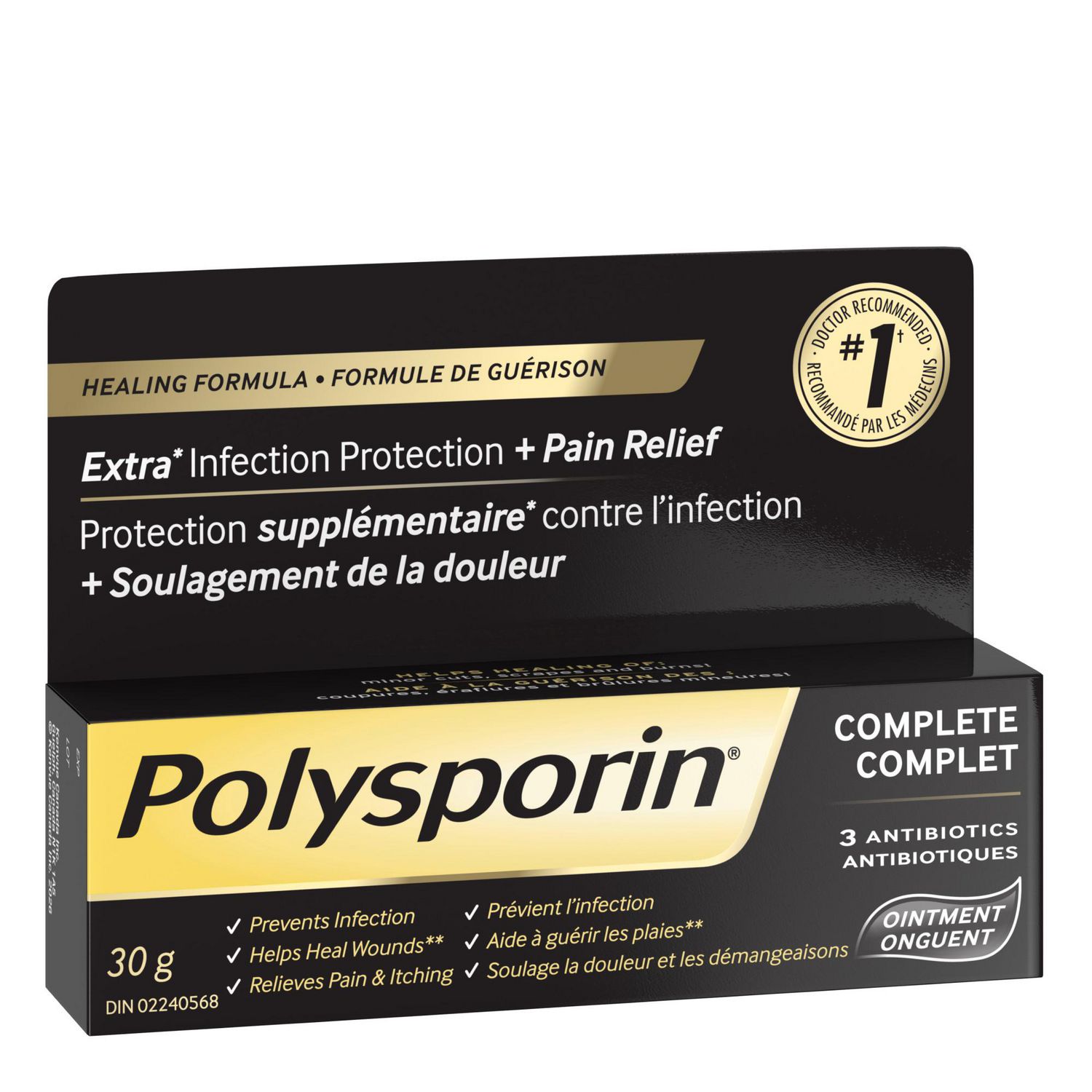 Angled view of Polysporin Complete antibiotic ointment box with bilingual packaging