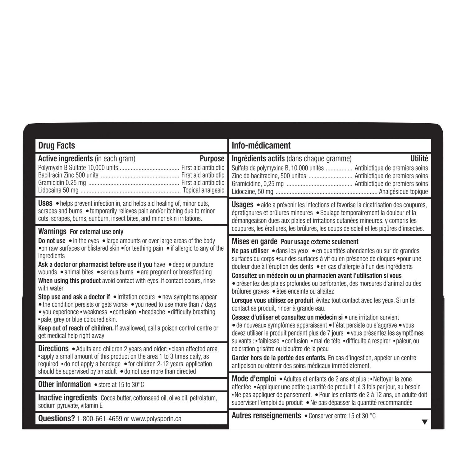 Back of Polysporin Complete Antibiotic Ointment package showing Drug Facts and ingredient information