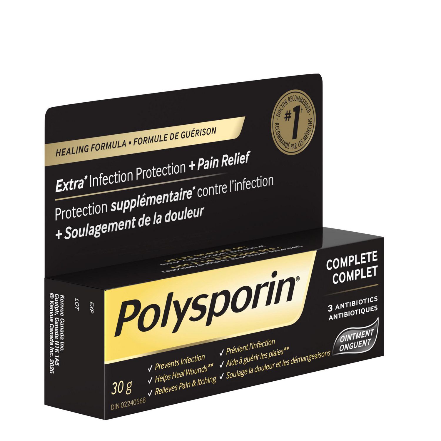 Polysporin Complete 30 g ointment carton showing front and side packaging details