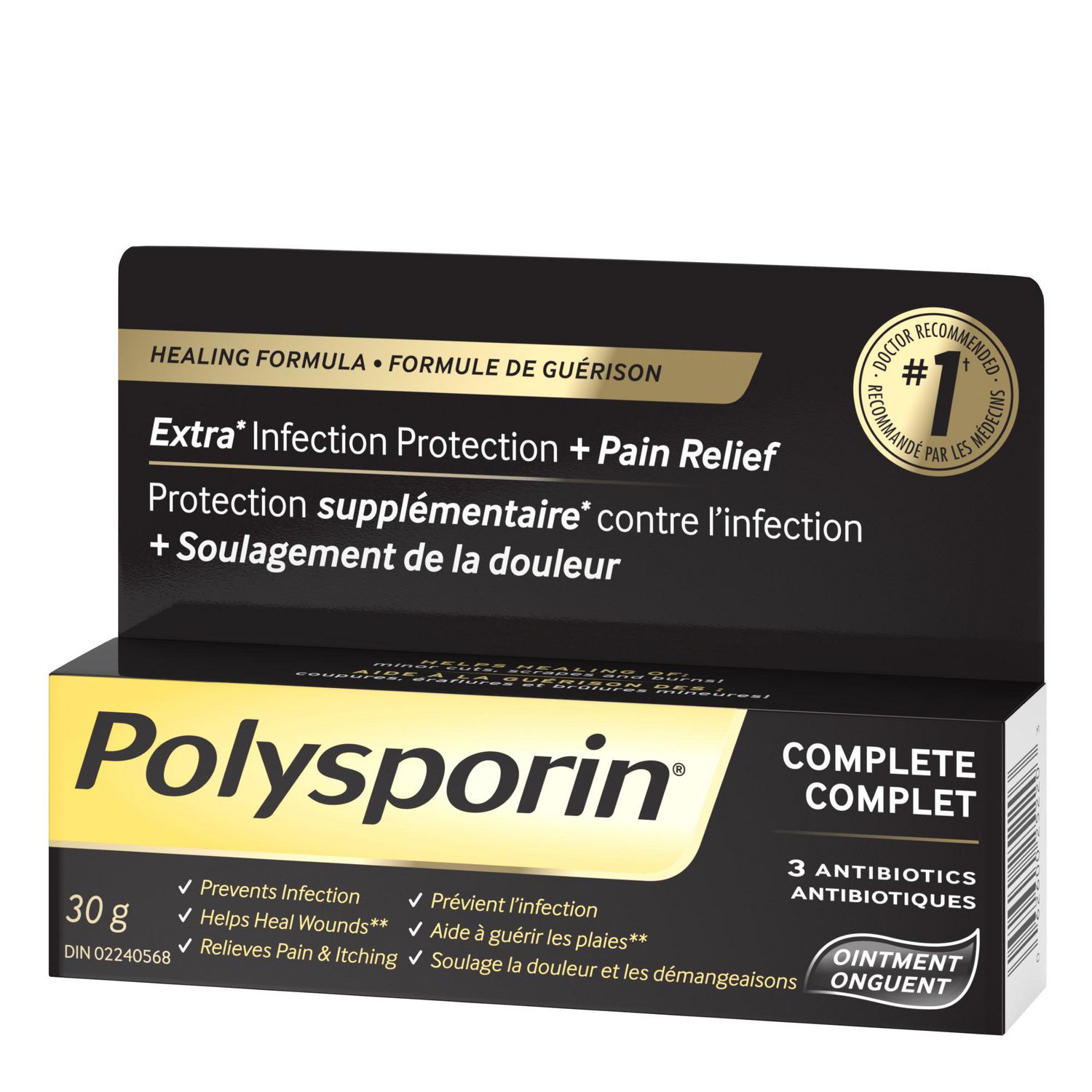 Polysporin Complete antibiotic ointment box showing front-facing product packaging and 30 g size