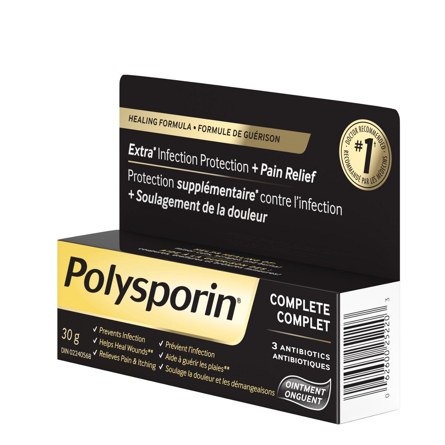 Three-quarter view of Polysporin Complete Antibiotic Ointment 30 g package