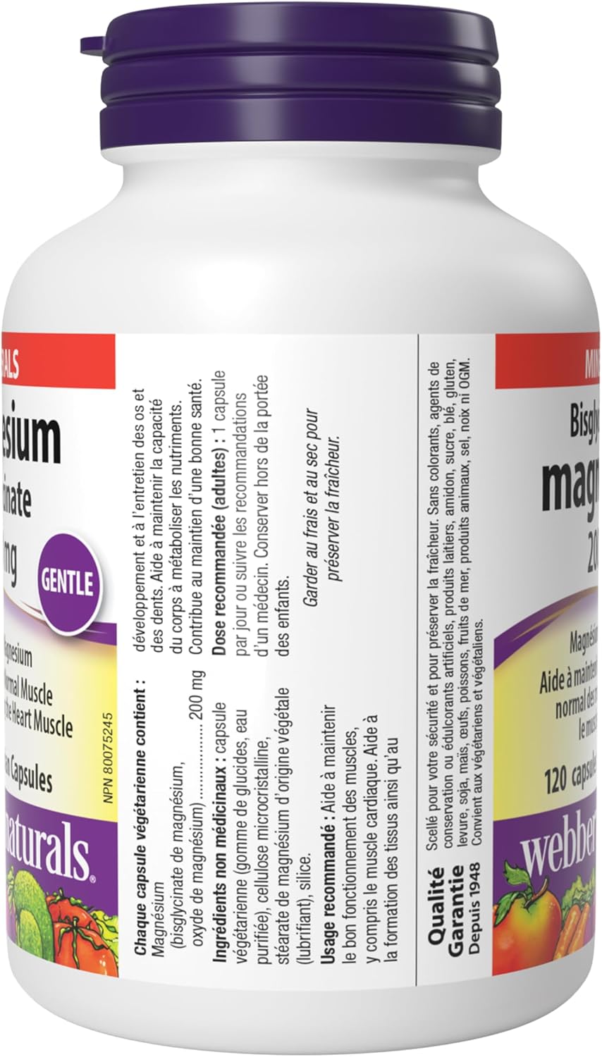 Side angle of Webber Naturals Magnesium Bisglycinate 200 mg bottle and label