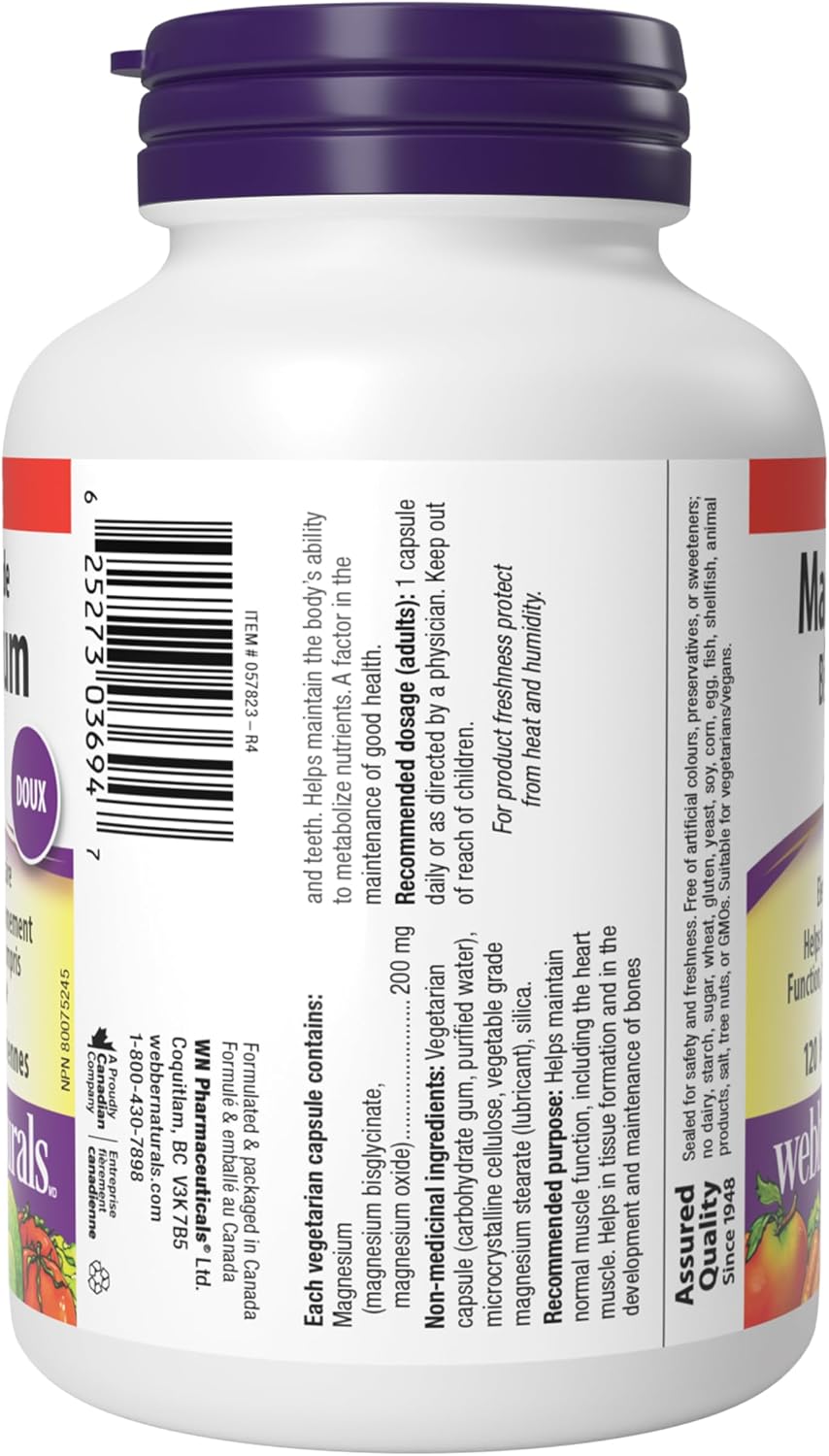 Webber Naturals Magnesium Bisglycinate bottle side label with French product information