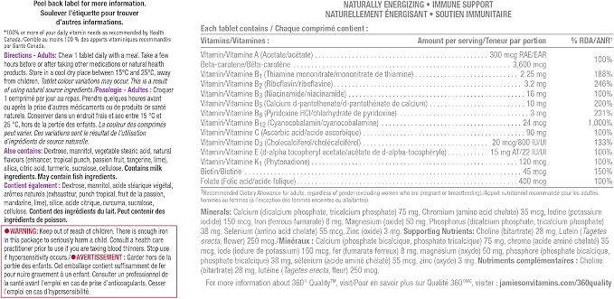 Jamieson 100% Complete Multivitamin nutrition label showing vitamins, minerals, and supporting nutrients