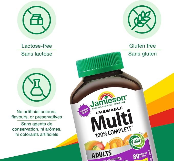 Jamieson adult multivitamin packaging highlighting lactose-free, gluten-free, and no artificial colors or flavors