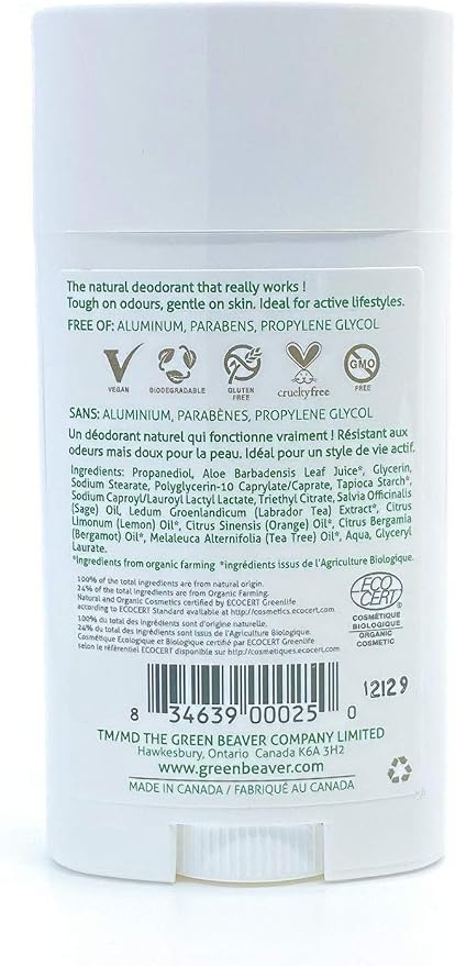 Back of Green Beaver Citrus Deodorant showing natural ingredients, vegan and cruelty-free symbols