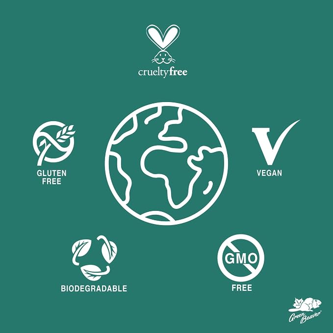 Green Beaver natural deodorant graphic showing vegan, gluten-free, biodegradable, cruelty-free and GMO-free icons