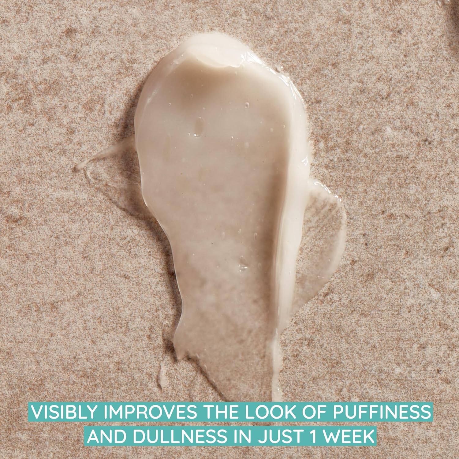 Aveeno Age Renewal Eye Gel texture shown as a creamy swatch with puffiness and dullness claim