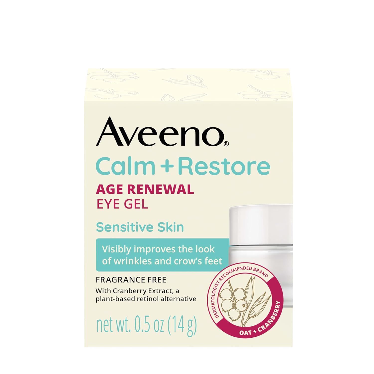 Aveeno Calm + Restore Age Renewal Eye Gel front packaging showing sensitive skin formula