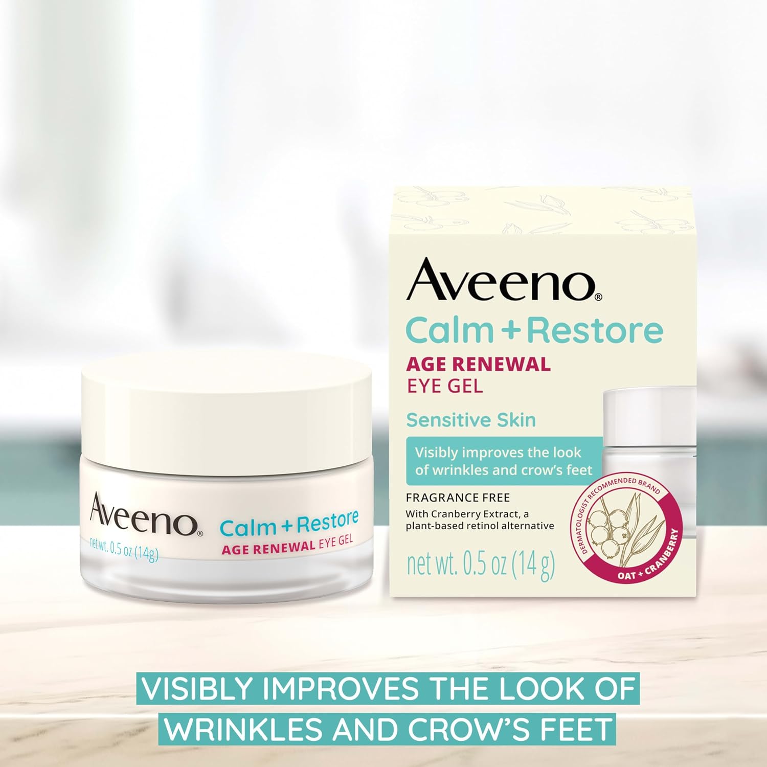 Aveeno Calm + Restore Age Renewal Eye Gel with packaging displayed on a bright surface