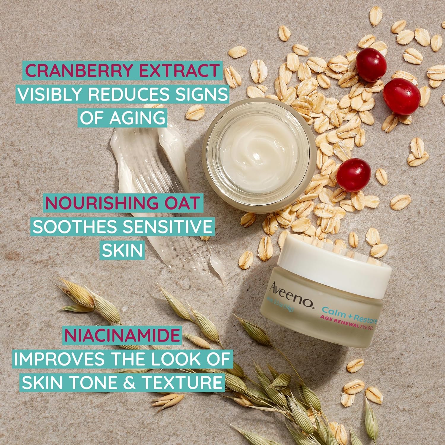 Aveeno Calm + Restore eye gel jar surrounded by oat and cranberries with ingredient benefits