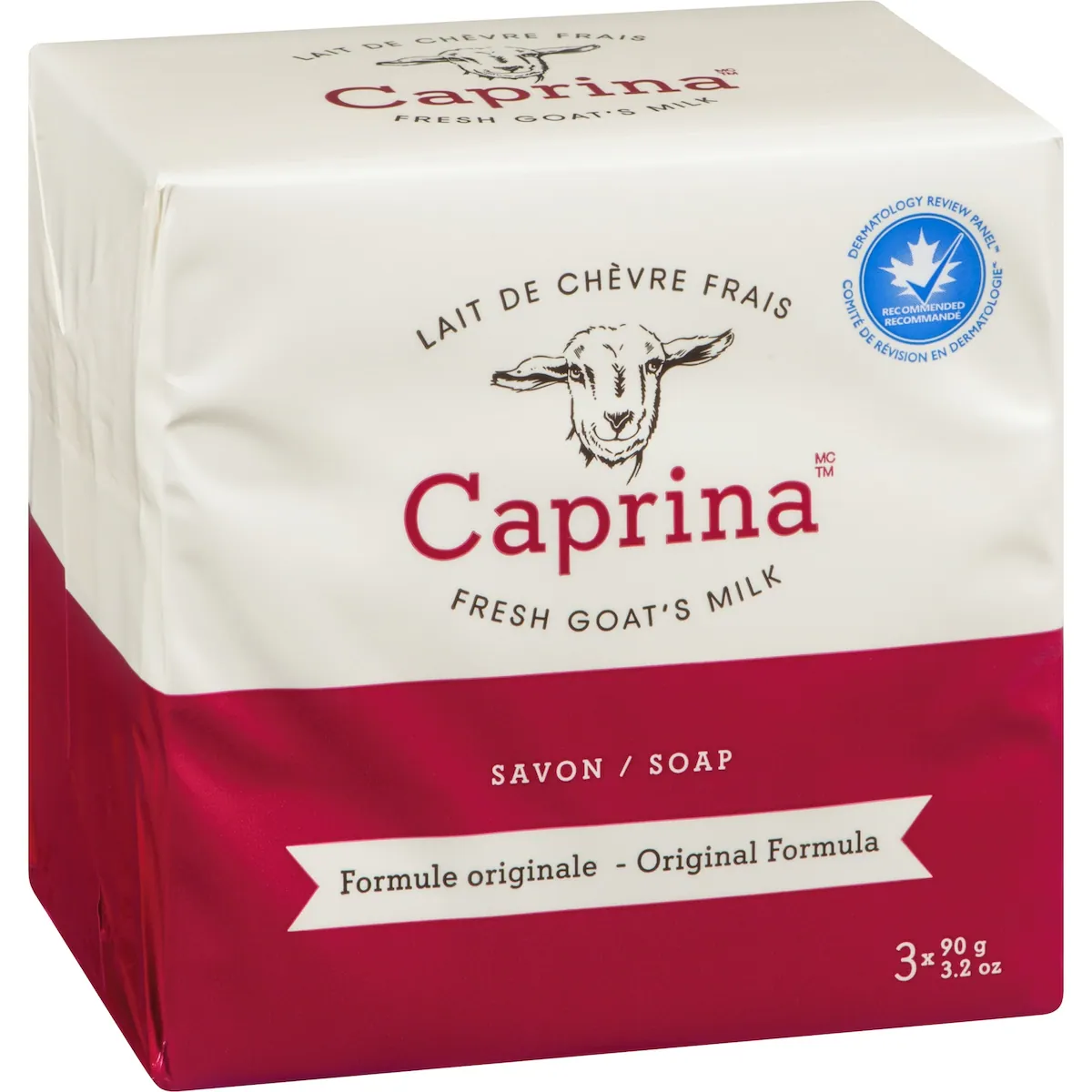 Caprina Original Formula Goat's Milk Soap package shown from an angled front view