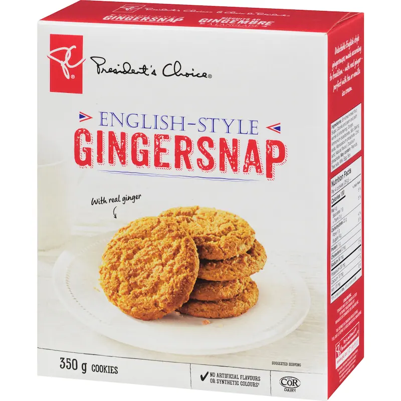 Side angle of President's Choice English-Style Gingersnap Cookies 350g box with nutrition information visible on the package