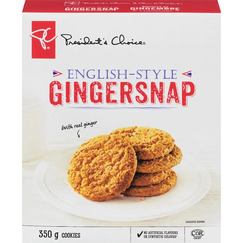 President's Choice English-Style Gingersnap Cookies 350g package with cookies displayed on a plate