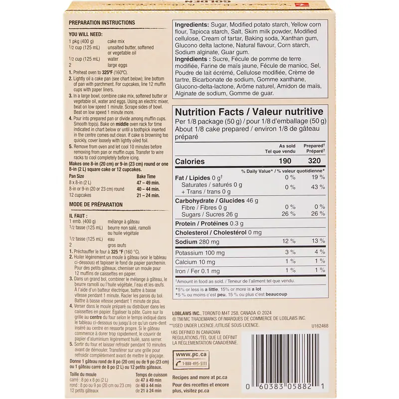 Back of President's Choice Golden Cake Mix 400g showing preparation instructions, ingredients and nutrition facts