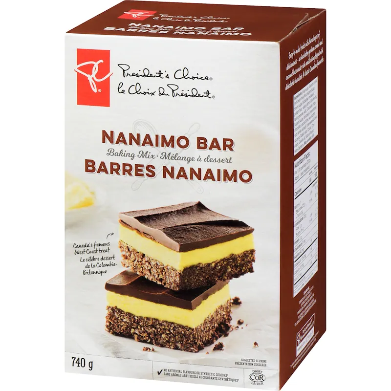 President's Choice Nanaimo Bar Baking Mix 740g three-quarter package view with Nanaimo bar dessert